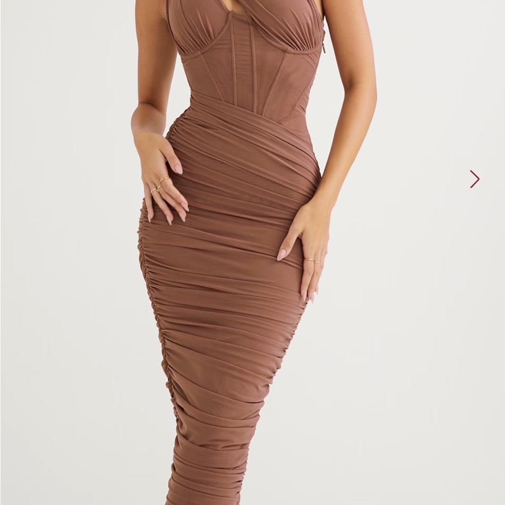 House of CB Chocolate Brown Ruched Midi Dress